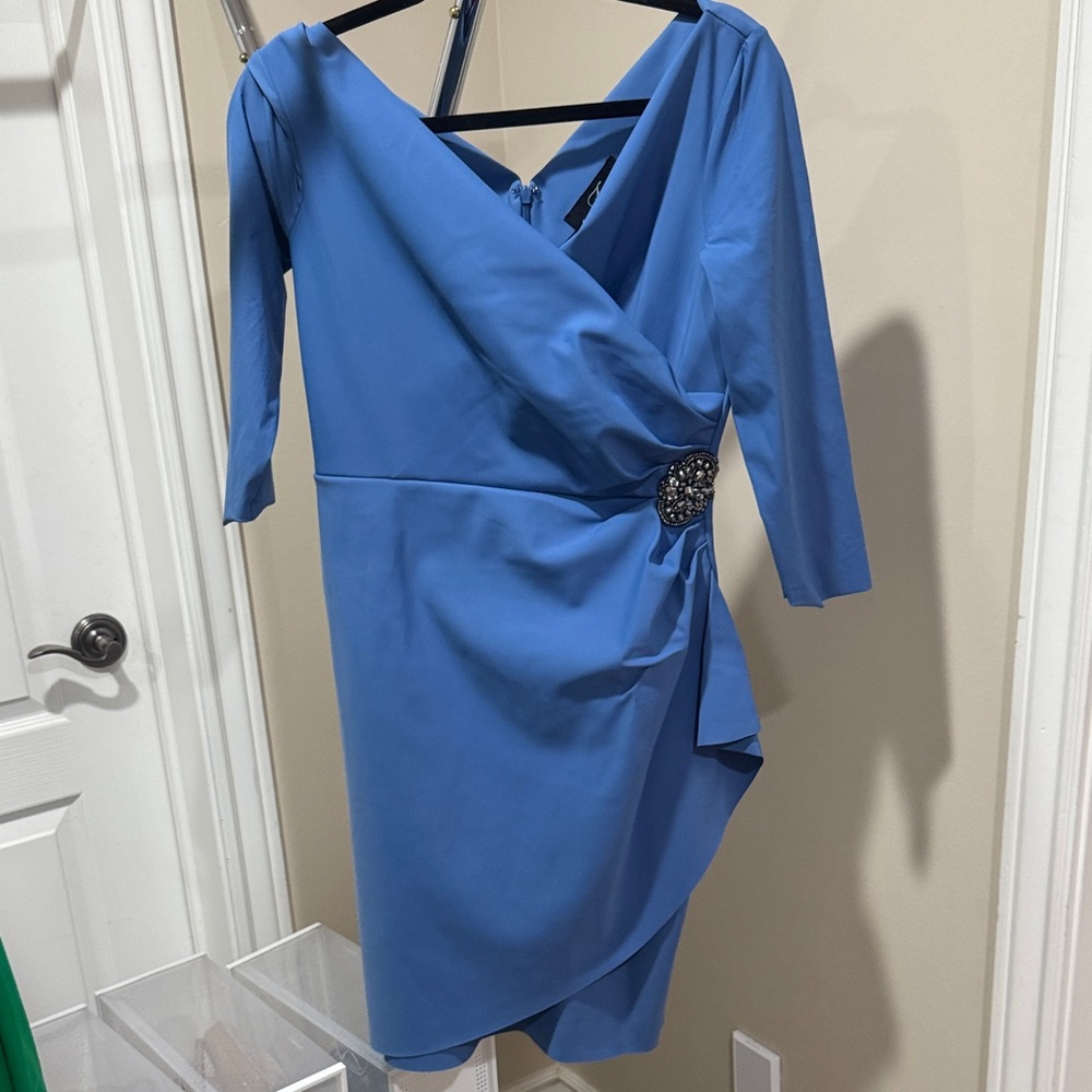 Alex Evenings Asymmetrical Blue Dress with Brooch
